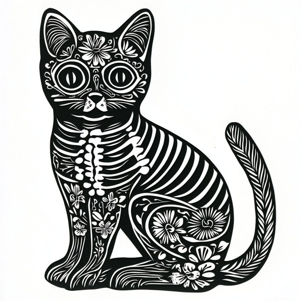 Black and white lino print of skeleton cat.