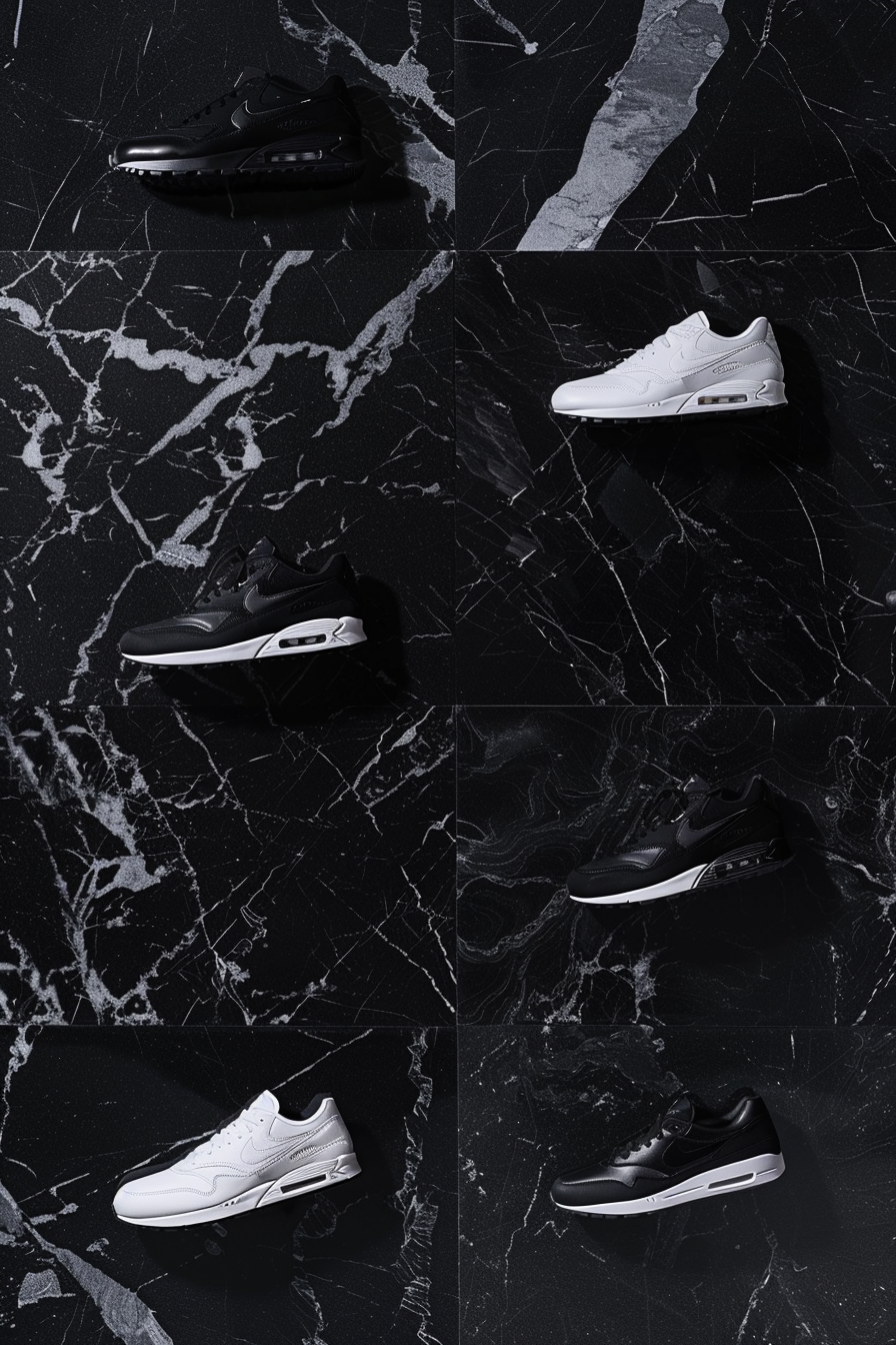 Black and white luxury athletic shoes display design studio.