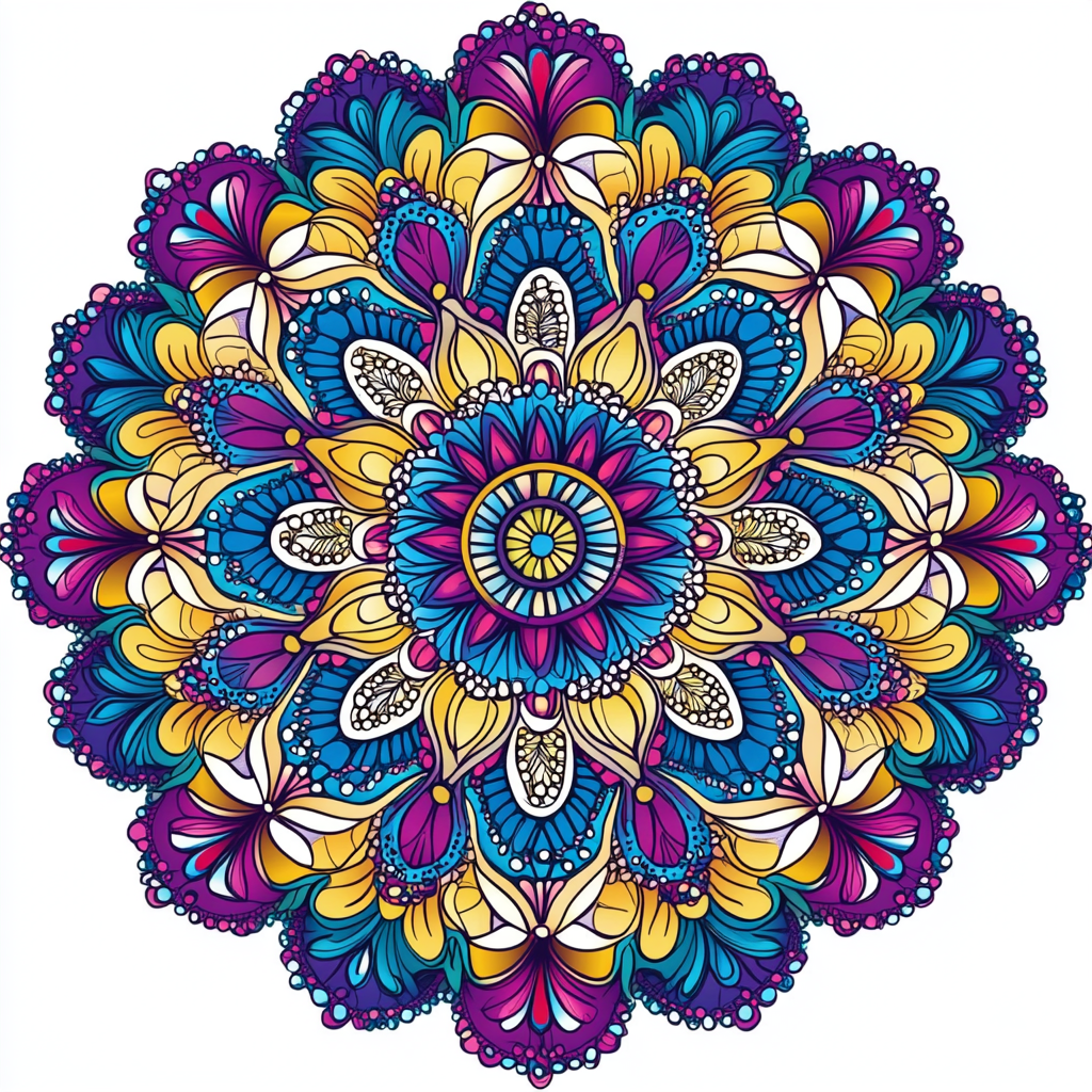 Black and white mandala now vibrant and colorful.