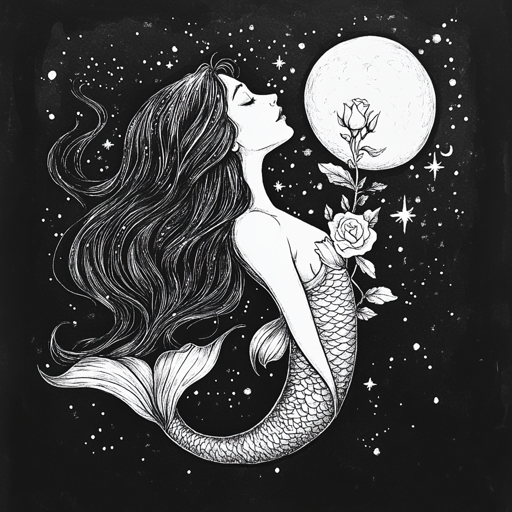 Black and white mermaid drawing with rose.