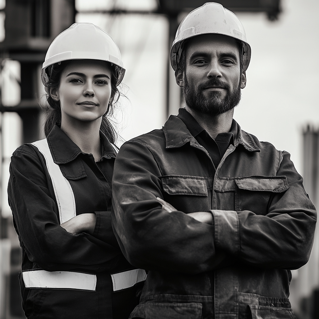 Black and white photo of multicultural construction team.