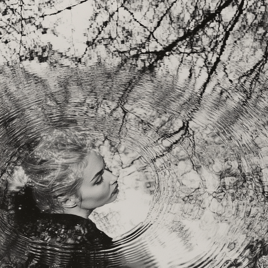 Black and white photo of pond with girl reflection