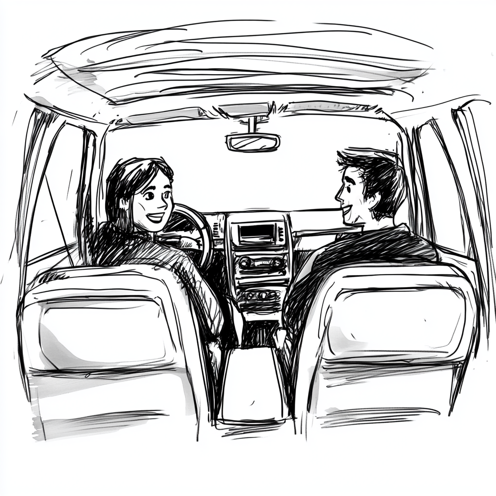 Black and white storyboard sketch of man and woman.