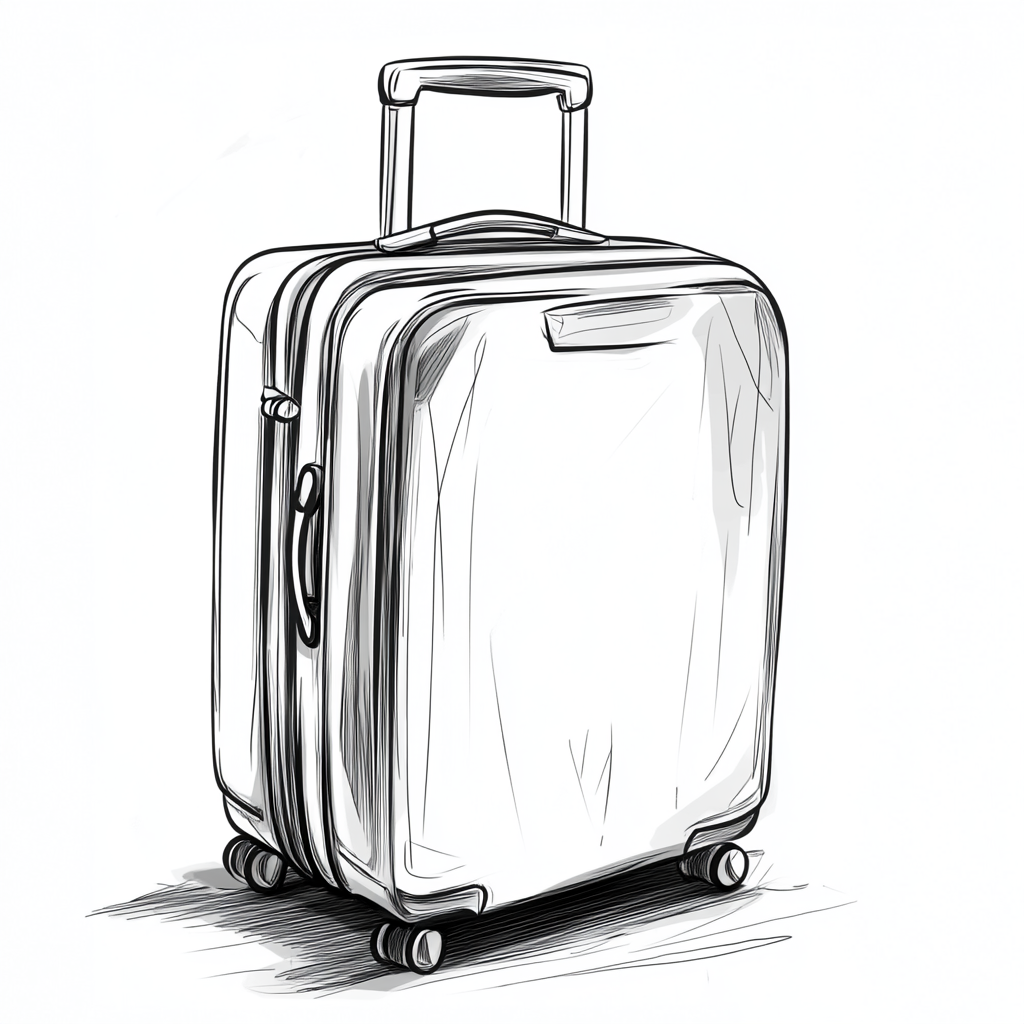 Black and white storyboard sketch of modern suitcase.