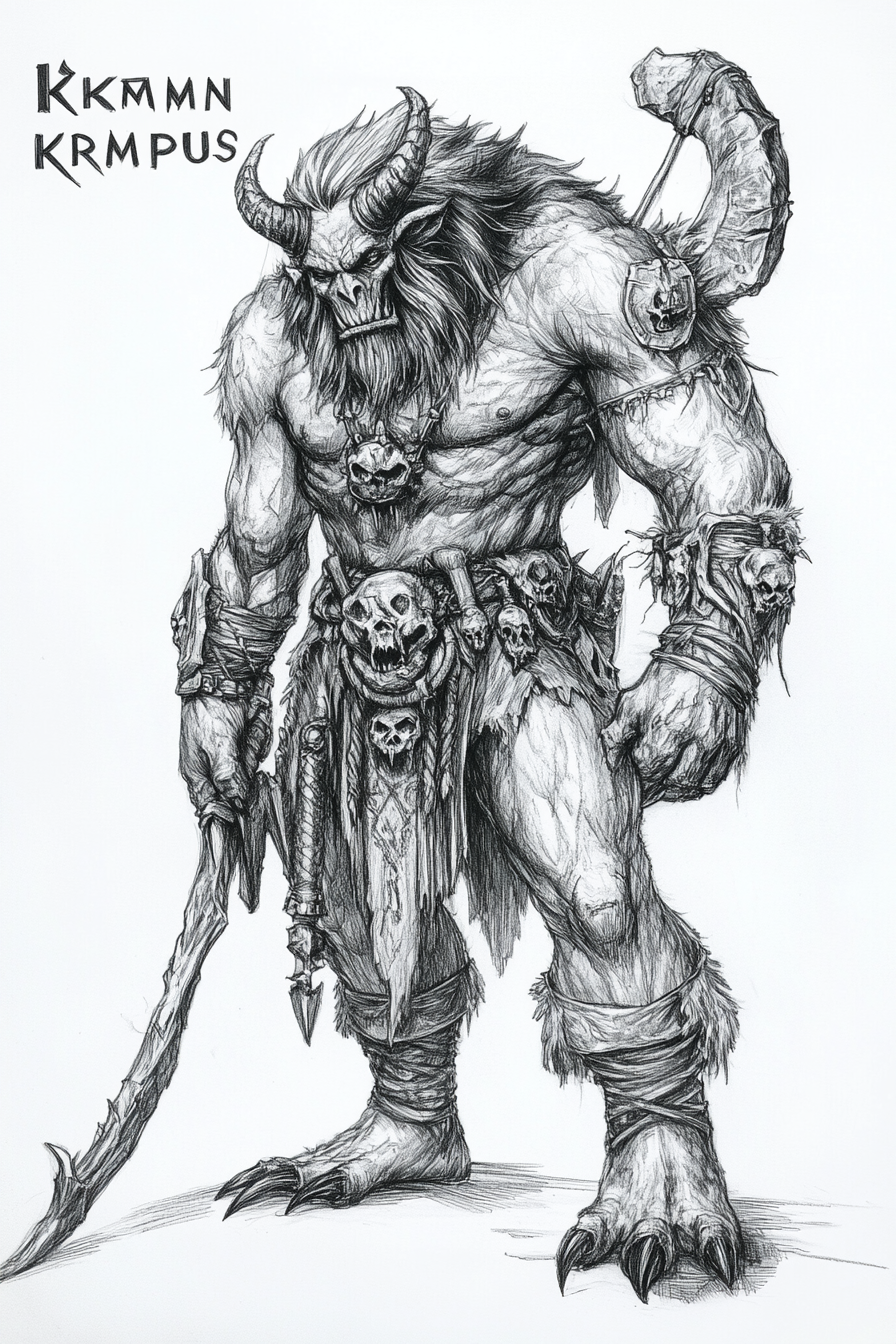 Black and white traditional German Krampus concept art.