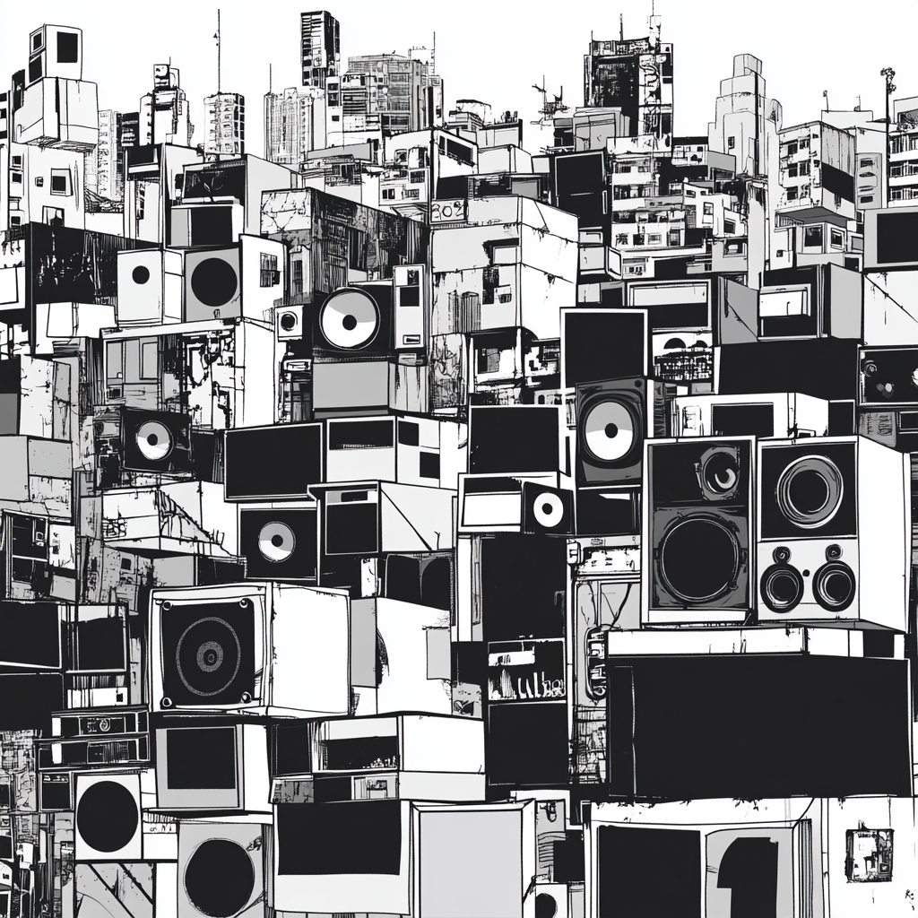 Black-and-white vectorized graffiti-style realization of queried houses with people and bass speakers