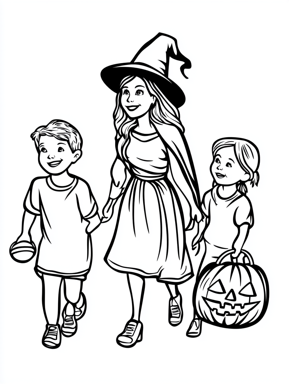 Black and white witch and children coloring page.