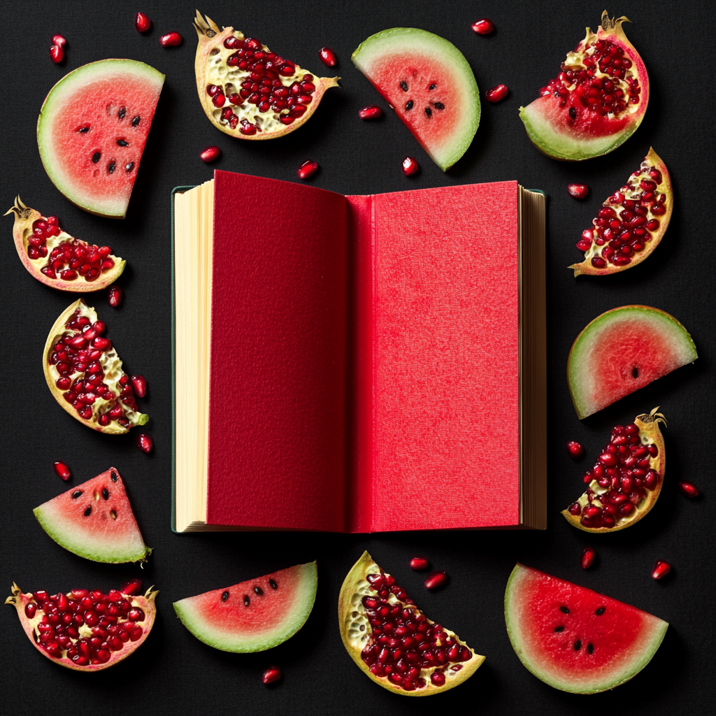 Black background with watermelon and pomegranate art, book space.