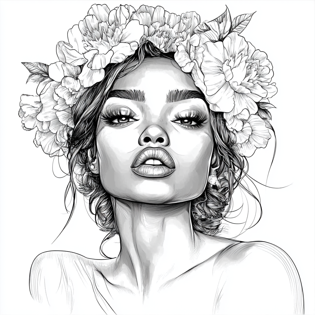 Black beautiful woman with makeup and flowers in hair.