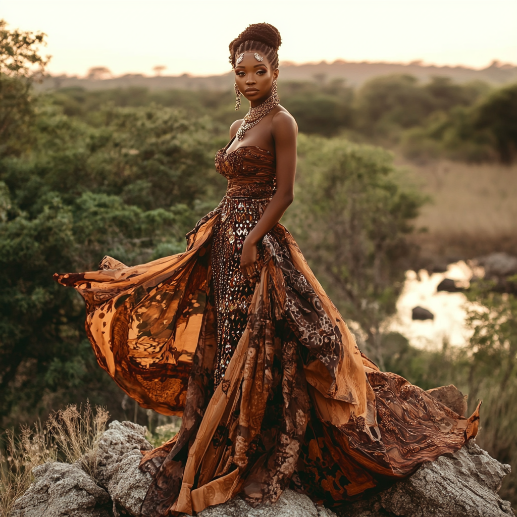 Black bride in Botswana wears brown printed dress.