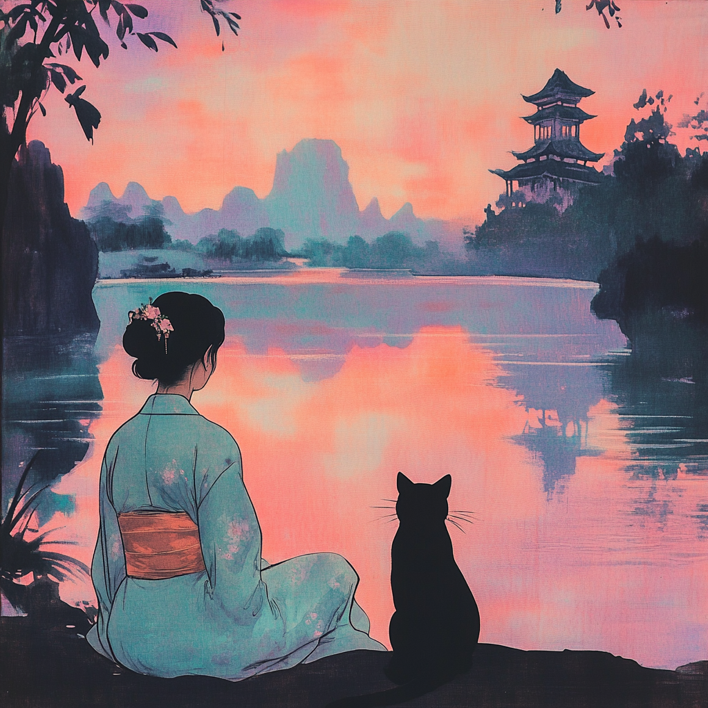 Black cat and woman in colorful hanfu by water.