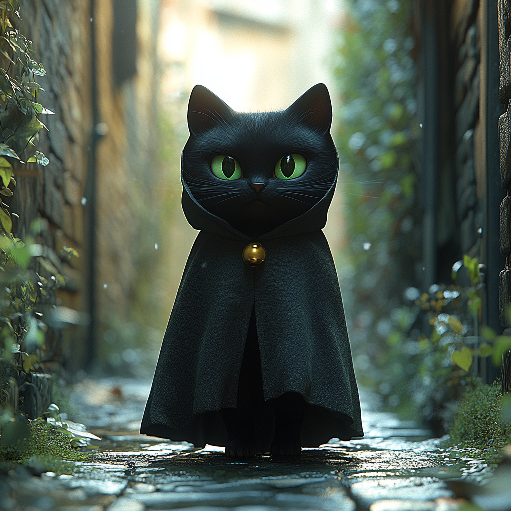 Black cat cloak moonlit alley 3D cartoon Pixar