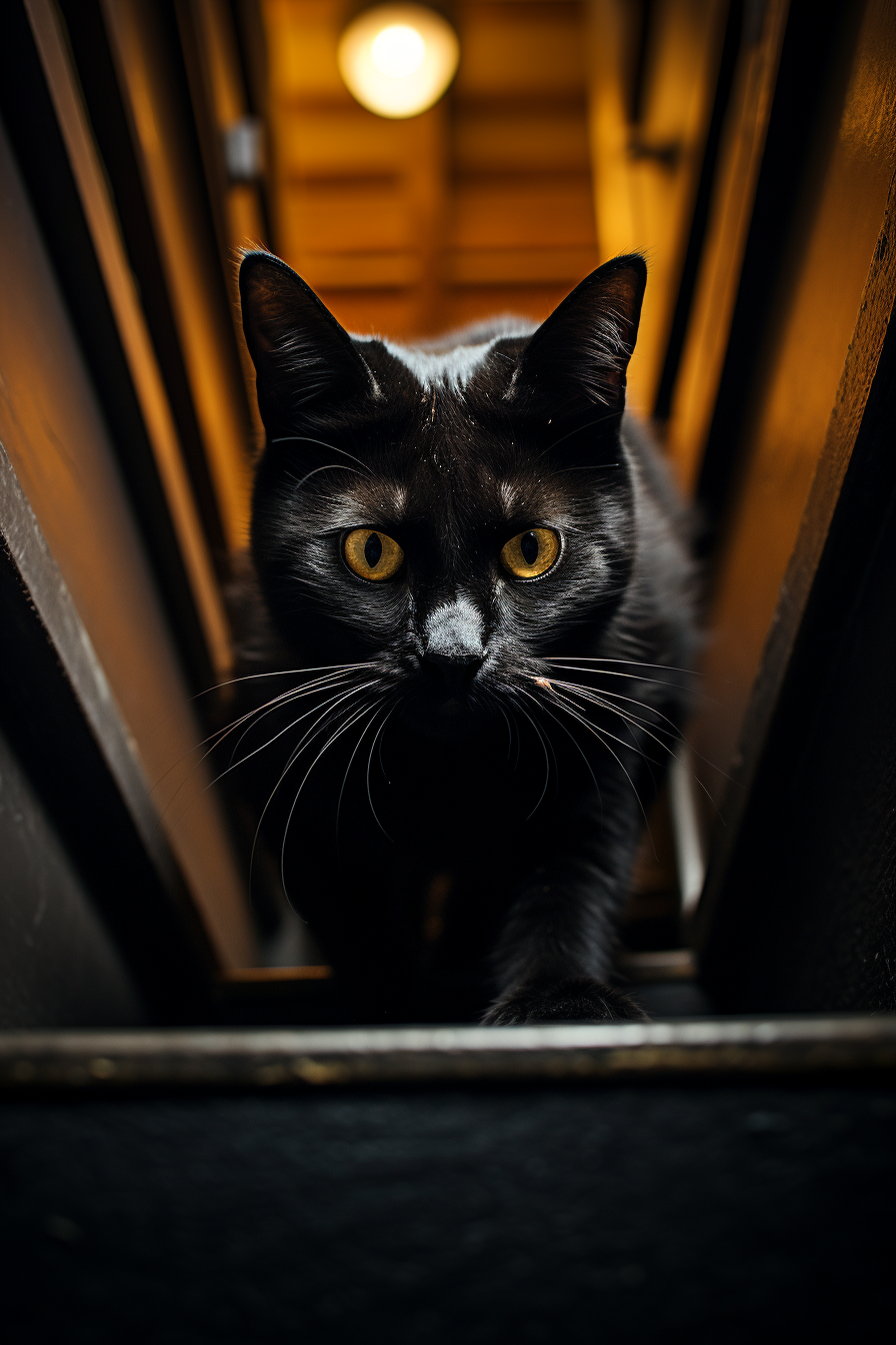 Black cat crawls down stairs with dramatic lighting.