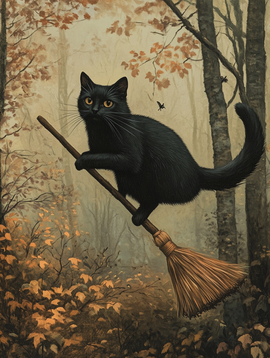 Black cat flying on broomstick in vintage painting style.