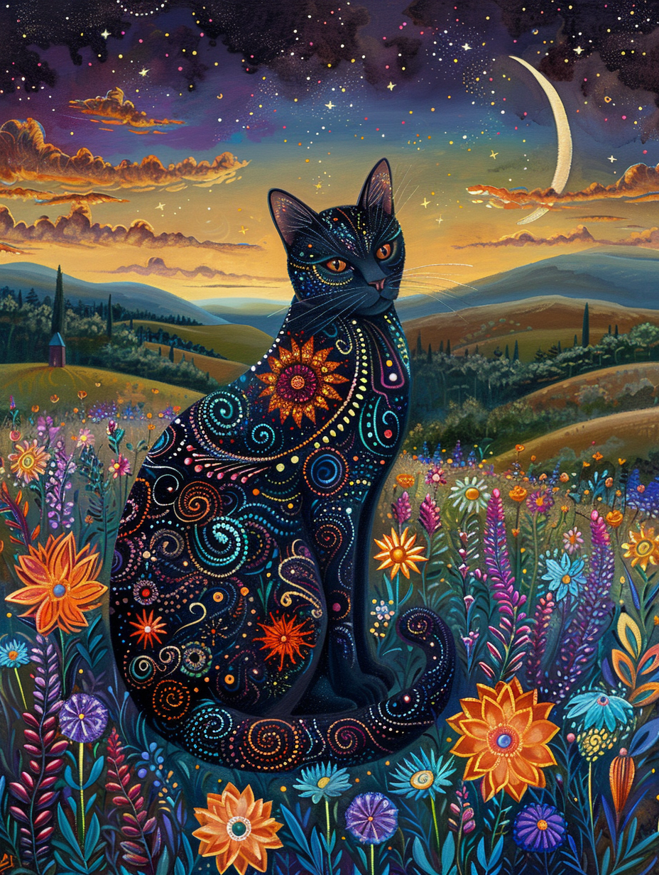 Black cat in cosmic field with glowing flowers, stars.