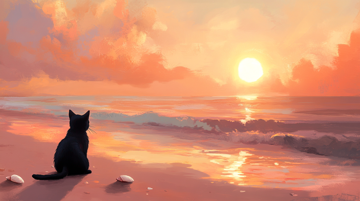 Black cat on beach at sunset, peaceful atmosphere.