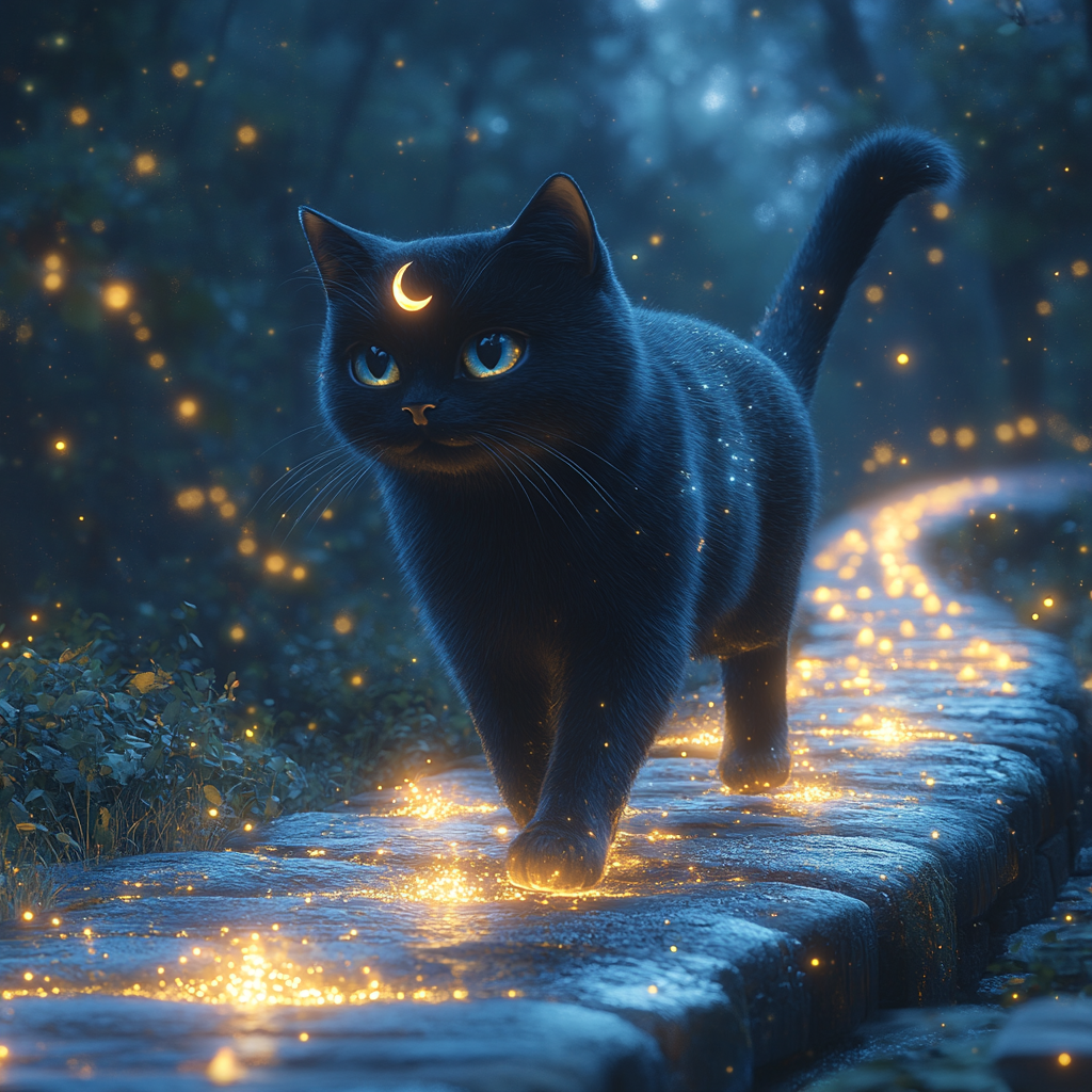 Black cat with moon on forehead walking on star bridge