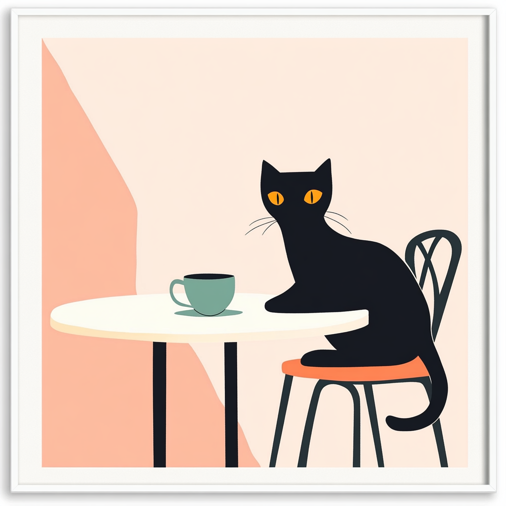 Black cat with yellow eyes in a cafe.