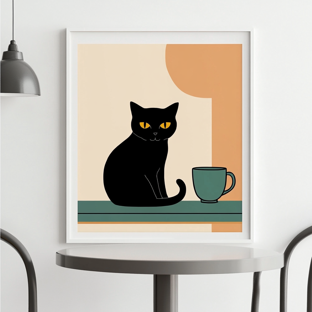 Black cat with yellow eyes in cafe setting.