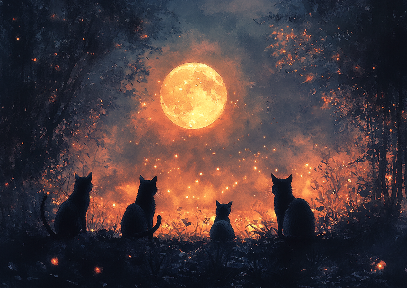 Black cats under a glowing Halloween moon painting.