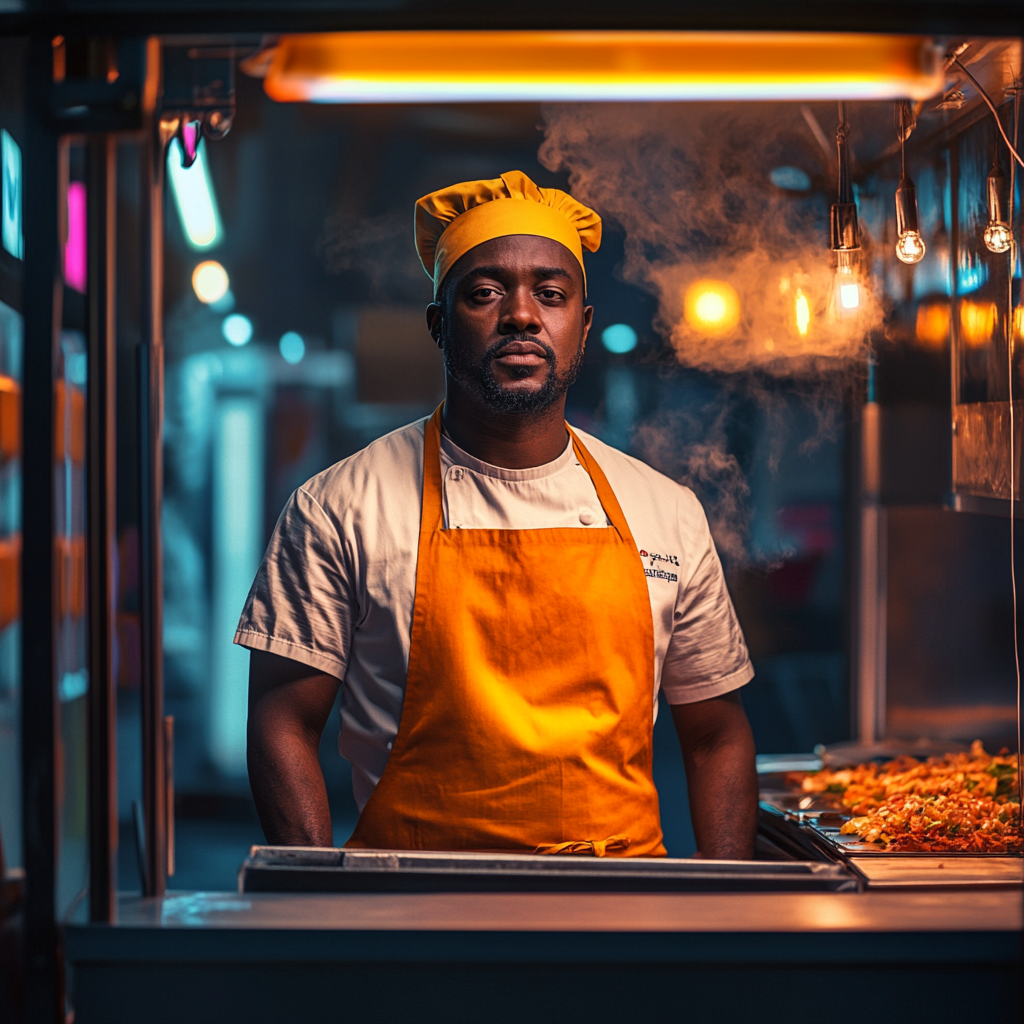 Black chef in hyperrealistic 4k cinematic shot.