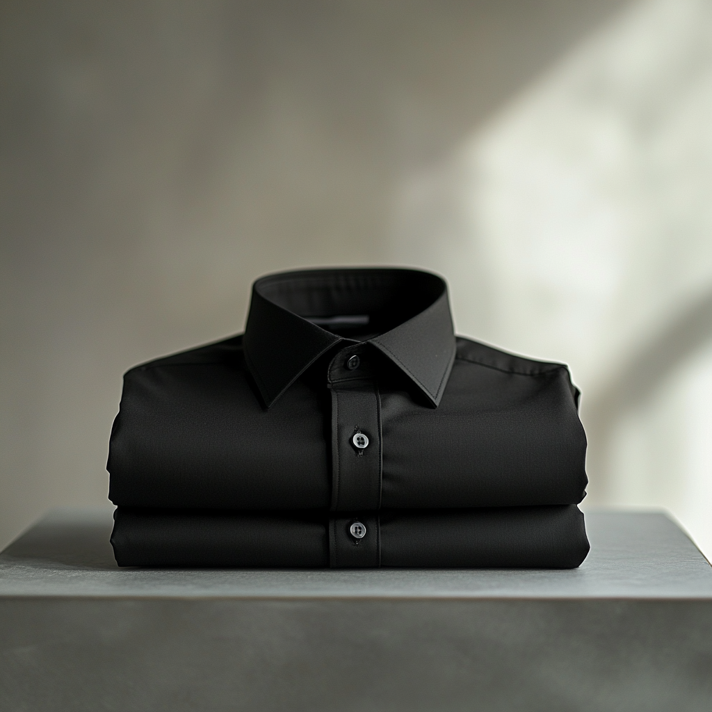 Black chino trousers folded on table, emphasizing sleek design.