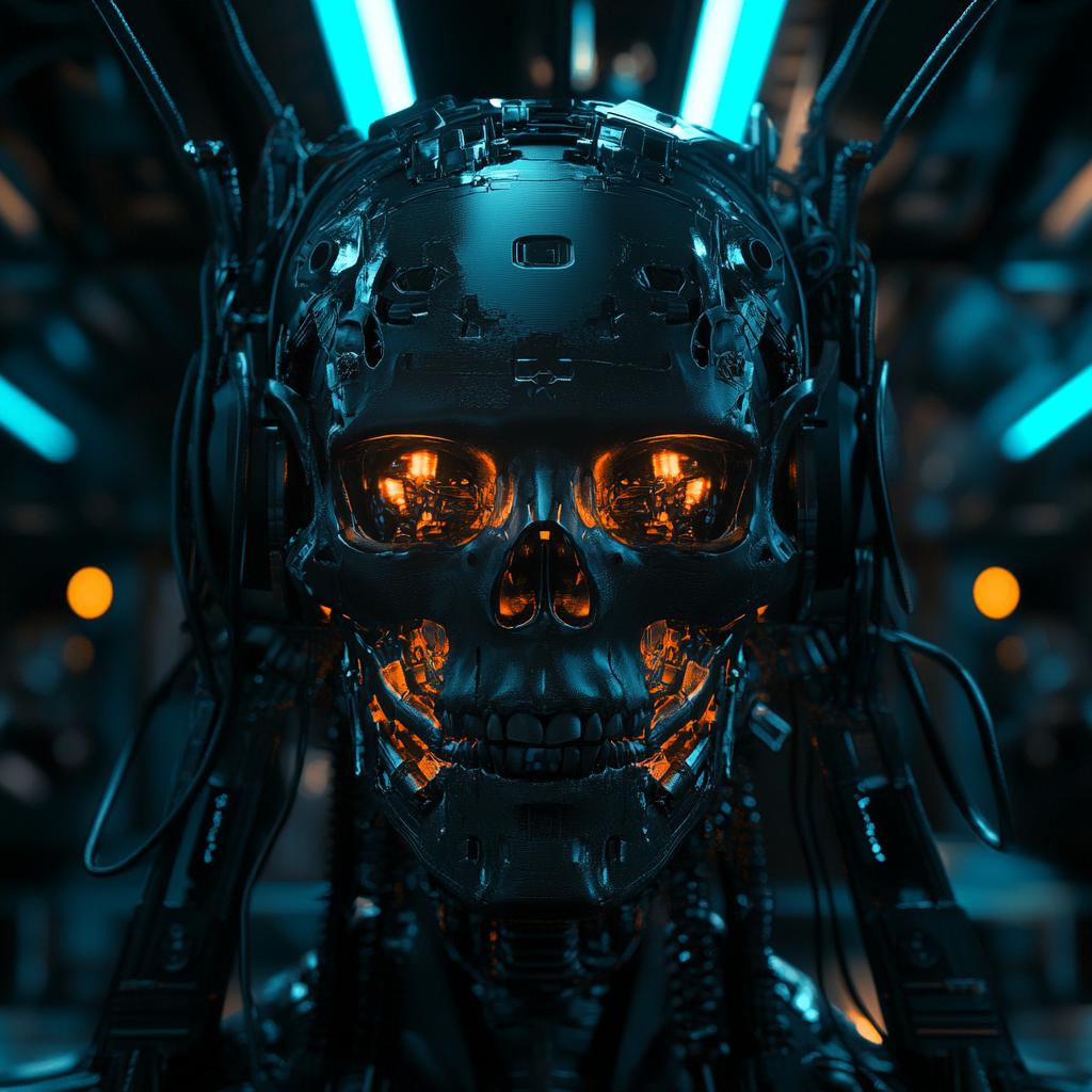 Black cyborg skull in futuristic device with cables lit cyan-orange.