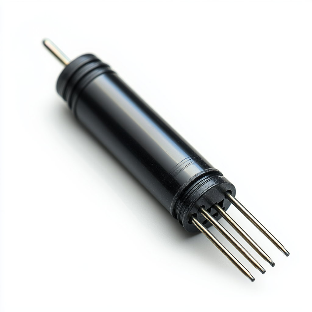 Black cylindrical transistor with three metal leads on white background.