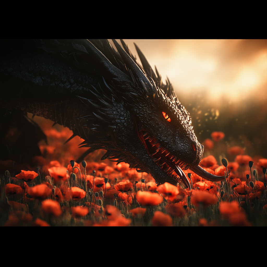 Black dragon head looming behind red poppy flower.