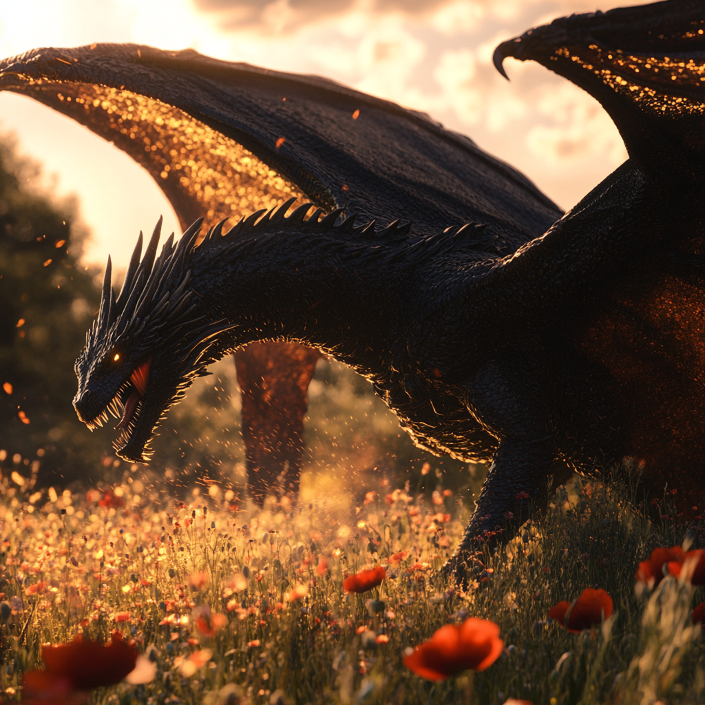 Black dragon with shiny wings in sunny poppy field.