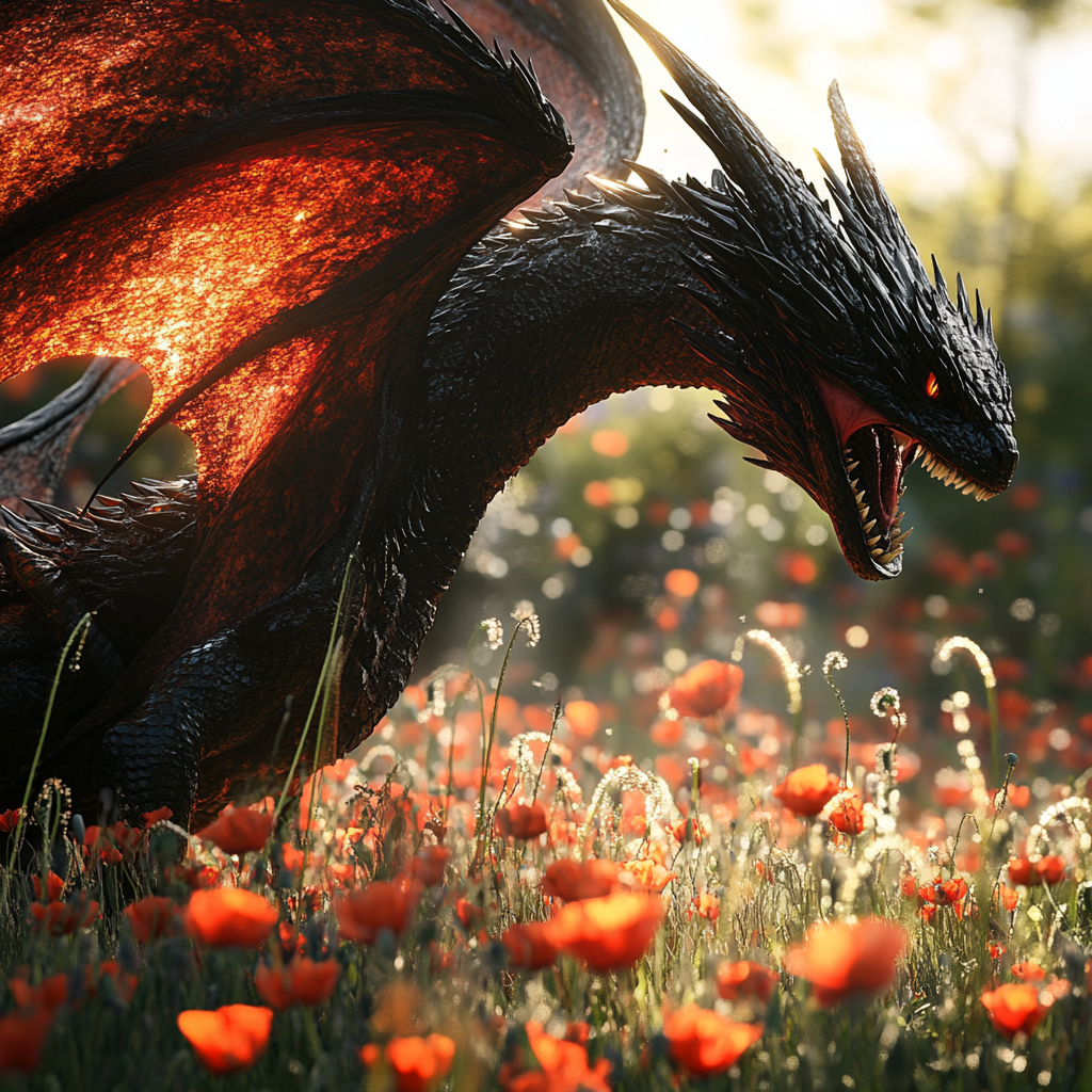 Black dragon with wide wings in poppy field.