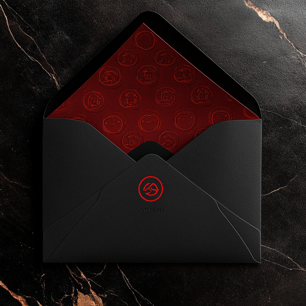 Black envelope with red cinema-themed logo.