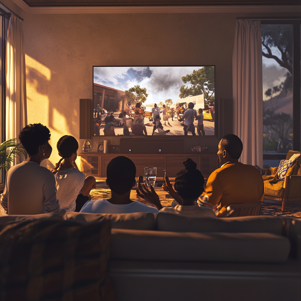 Black family watching news on large television.