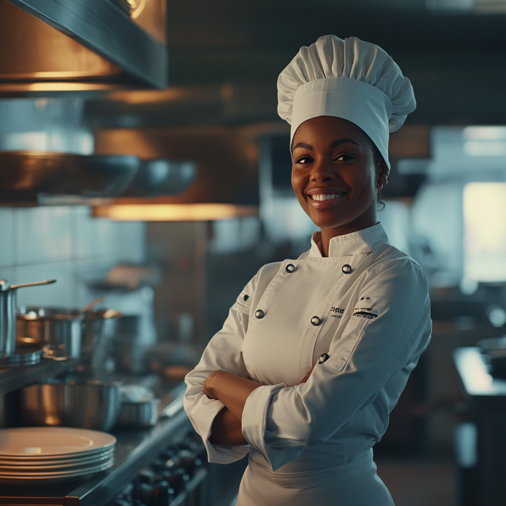 Black female chef happily cooking in vibrant kitchen.