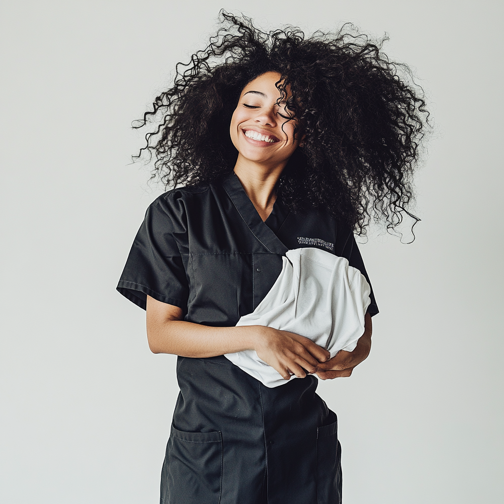 Black female hairdresser smiling, holding tshirt, real photography 