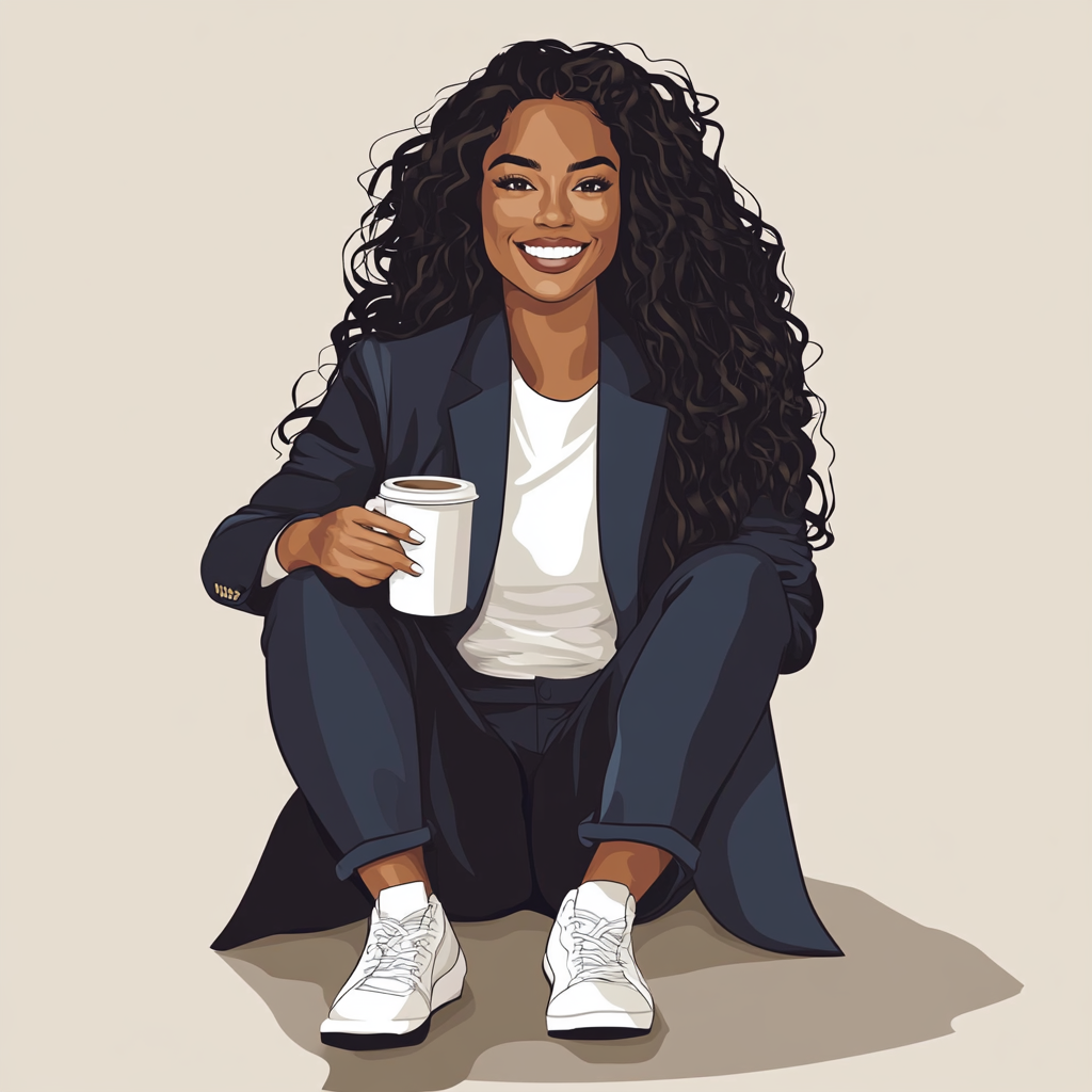 Black female politician sitting cross-legged with coffee mug.