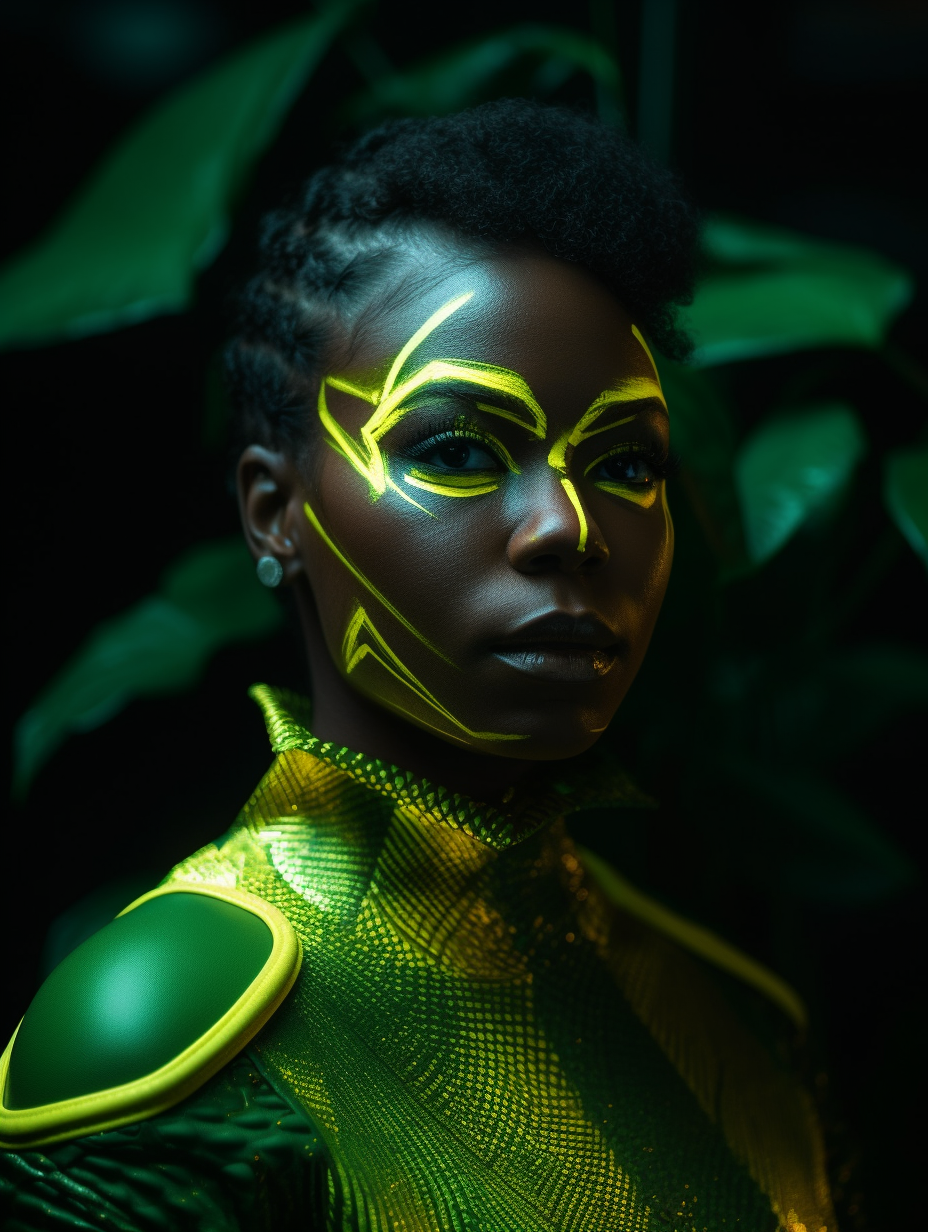 Black female superhero in nature-inspired green mask