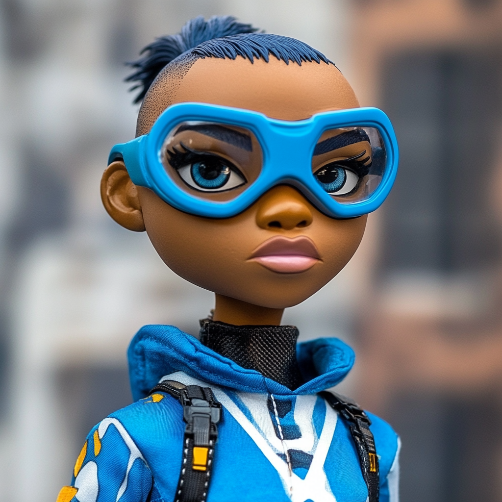 Black female superhero puppet with buzz cut hairstyle.