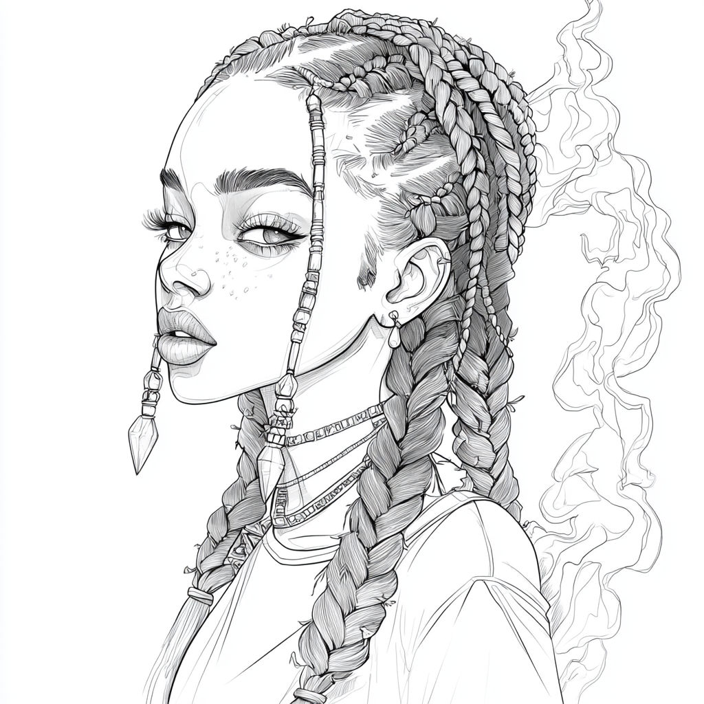 Black girl coloring page with sage and crystals.