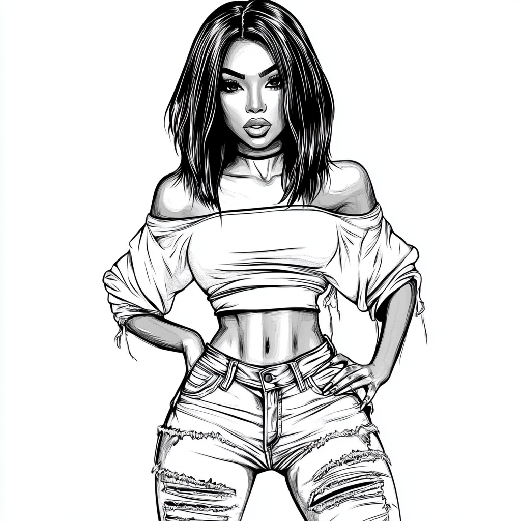 Black girl in jeans and top coloring page.