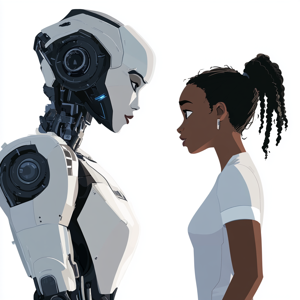 Black girl talks to robot on white background.