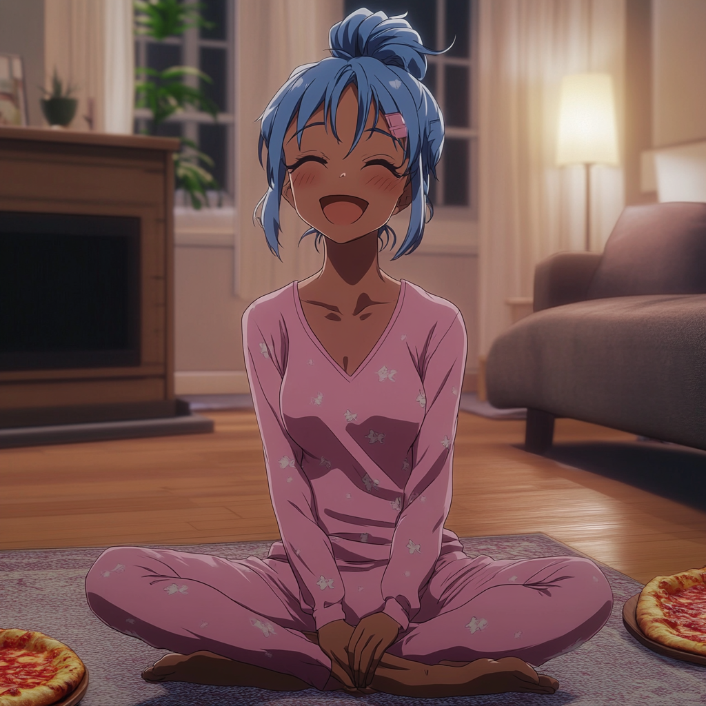 Black girl with blue hair in pink pajamas laughing.