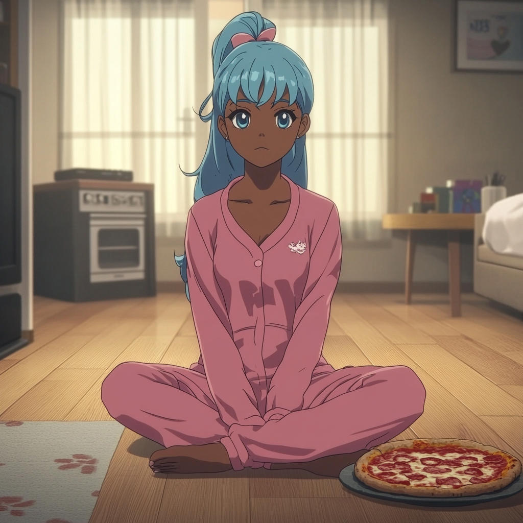 Black girl with blue hair in pink pajamas.