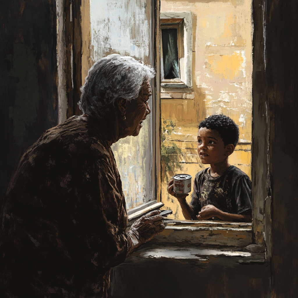 Black grandmother guides angry boy out window, happy boy eating sardines.