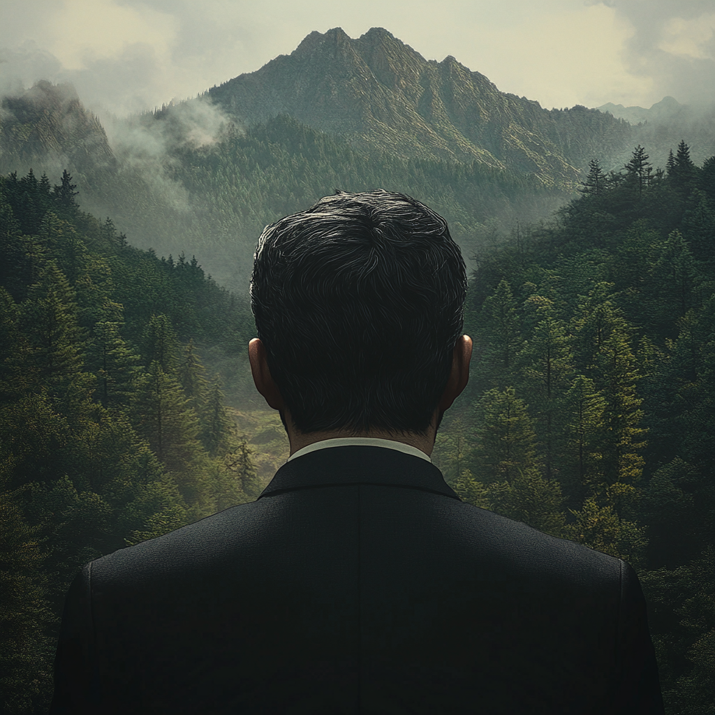 Black haired, bearded man in suit gazing at forest.