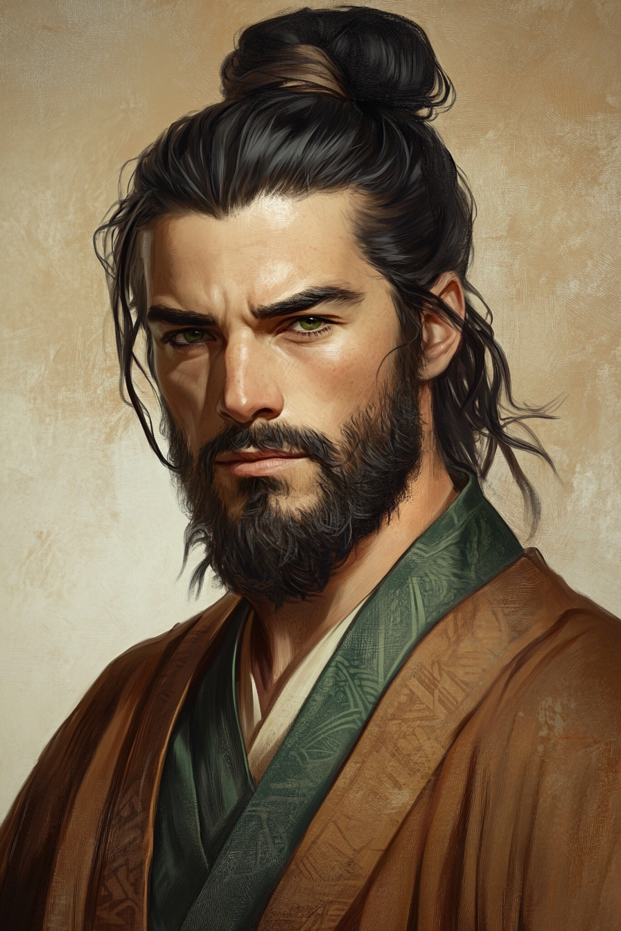 Black haired male in green-trimmed robes, by artgerm.