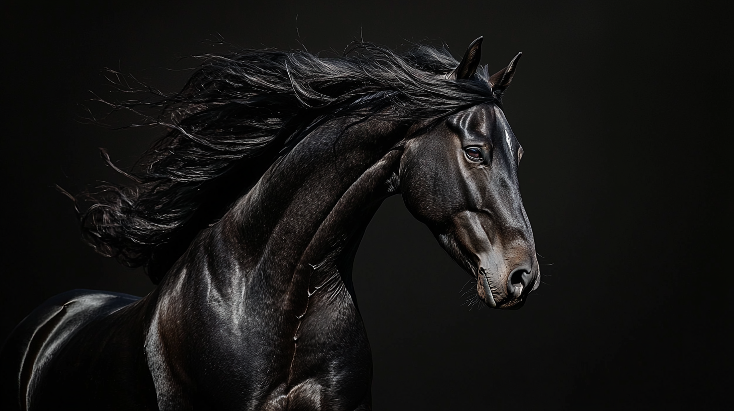 Black horse flying right, wind-blown mane, epic hyperrealistic