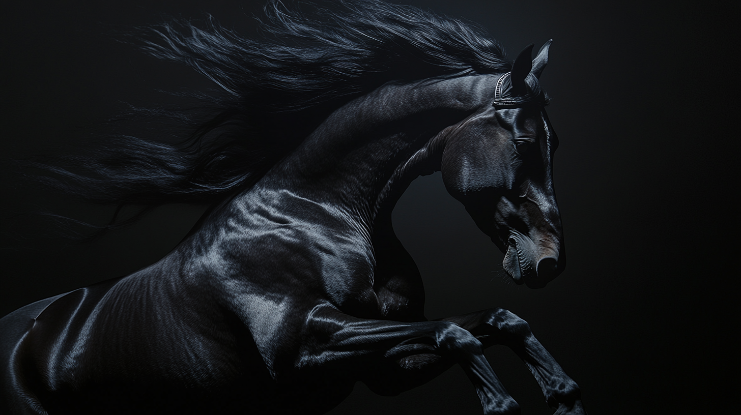 Black horse flying right with long mane on black background