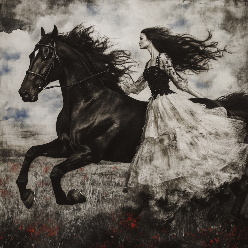 Black horse galloping, pale woman running, classic oil painting.