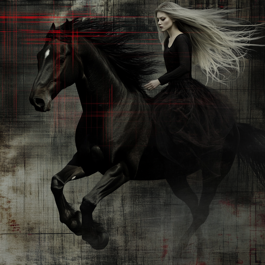 Black horse gallops beside pale woman, mental strength symbolism.